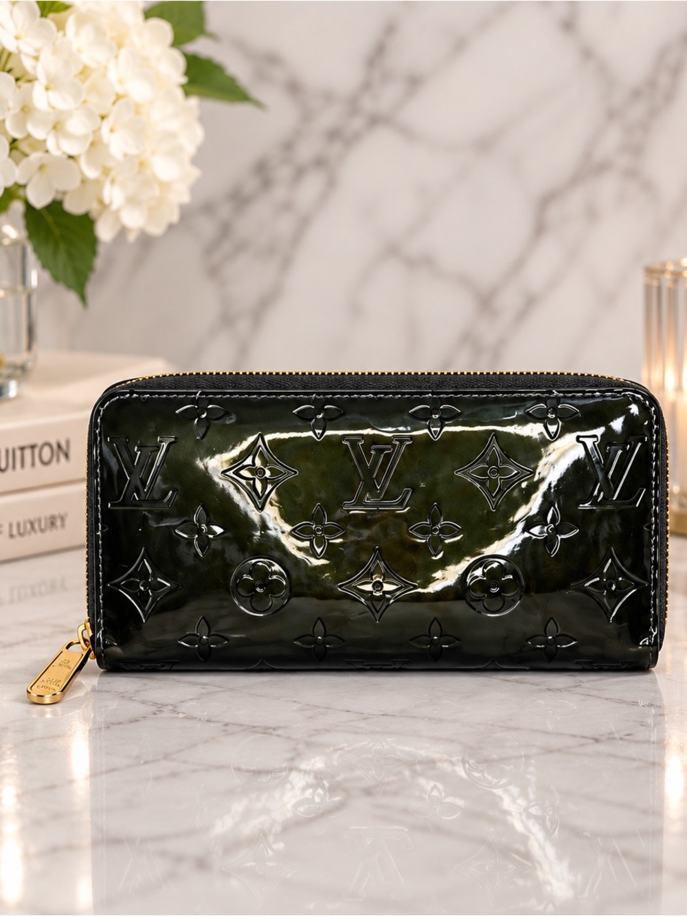 Louis Vuitton Vernis Zip Around Wallet Dark Green Patent Leather Full Inclusion